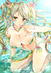 Rule 34 | 10s, 1girl, blush, breasts, crystal, de la fille, earrings, gem, gradient hair, granblue fantasy, green eyes, green hair, hair ornament, jewelry, large breasts, long hair, looking at viewer, multicolored hair, navel, pinky out, sarong, swimsuit, twintails, water