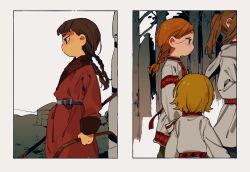 Rule 34 | 4girls, arrow (projectile), back-to-back, blonde hair, border, bow (weapon), braid, braided ponytail, child, coat, cowboy shot, facing away, forest, from side, highres, holding, holding arrow, holding bow (weapon), holding weapon, long hair, long sleeves, looking ahead, mongolian clothes, multiple girls, nanimonothing, nature, orange hair, original, out of frame, outdoors, pants, personification, ponytail, profile, red coat, scarf, shirt, short hair, single braid, split theme, traditional clothes, twin braids, twintails, walking, weapon, white scarf, white shirt