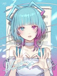 Rule 34 | 1girl, aisuu (voisona), blue eyes, blue hair, blunt bangs, cherico, choker, gradient hair, heart, heart hands, heterochromia, highres, looking at viewer, multicolored hair, off-shoulder shirt, off shoulder, parted lips, pink eyes, pink hair, shirt, solo, voisona, white choker