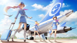 Rule 34 | 3girls, aircraft, airplane, airport, bag, belt, boots, car, cloud, contrail, day, flight attendant, gloves, high heel boots, high heels, highres, lax airport, los angeles, motor vehicle, multiple girls, original, pencil skirt, ponytail, real world location, rolling suitcase, scarf, shirokichi, skirt, sky, smile, suitcase, travel attendant, uniform, vehicle, wind turbine, windmill
