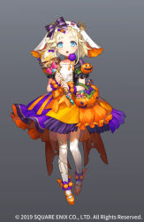 Rule 34 | 1girl, basket, blonde hair, blue eyes, candy, food, full body, gradient background, gretel (grimms notes), grimms notes, halloween, halloween costume, official art, open mouth, pumpkin, ribbon, sacanahen, solo, teeth, wand, weapon