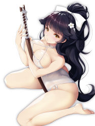 Rule 34 | 1girl, alternate costume, ass, azur lane, bare legs, bare shoulders, black hair, blush, bow, breast lift, breasts, brown eyes, casual one-piece swimsuit, cleavage, collarbone, flower, form above, from above, groin, hair bow, hair flower, hair ornament, highres, holding, holding sword, holding weapon, koflif, large breasts, long hair, looking at viewer, one-piece swimsuit, parted lips, ponytail, sheath, sheathed, sidelocks, simple background, sitting, smile, solo, swimsuit, sword, takao (azur lane), takao (beach rhapsody) (azur lane), thighs, very long hair, wariza, weapon, white background, white bow, white one-piece swimsuit, wooden sword