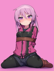 Rule 34 | 1girl, alice gear aegis, arms behind back, black pantyhose, blue shorts, blush, boots, bound, brown footwear, closed mouth, collared jacket, female focus, hair between eyes, high collar, hirasaka yotsuyu, jacket, pantyhose, purple background, purple eyes, purple hair, rope, shorts, simple background, sitting, solo, stroma, wariza