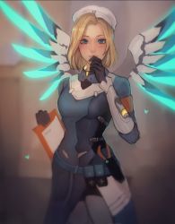 Rule 34 | 1girl, alternate hairstyle, armband, artist name, backlighting, bad id, bad tumblr id, black gloves, blonde hair, blue bodysuit, blue eyes, blue wings, blurry, blurry background, blush, bodysuit, breasts, combat medic ziegler, cowboy shot, gloves, glowing, glowing wings, hand to own mouth, hat, heart, holding, indoors, long sleeves, looking at viewer, making-of available, matilda fiship, mechanical wings, medium breasts, mercy (overwatch), official alternate costume, overwatch, overwatch 1, pliers, pouch, short hair, signature, smile, solo, spread wings, wings, yellow wings