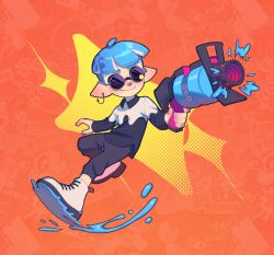 Rule 34 | .52 gal (splatoon), 1boy, absurdres, anchor earrings, black pants, blue hair, closed mouth, commentary, earrings, english commentary, full body, gun, high tops, highres, holding, holding gun, holding weapon, inkling, inkling boy, inkling player character, jewelry, nintendo, orange background, paint, pants, pointy ears, radsakee, round eyewear, shoes, short hair, smile, sneakers, solo, splatoon (series), splatoon 3, sunglasses, tentacle hair, weapon, white footwear