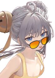 Rule 34 | 1girl, :p, ahoge, bare shoulders, bell, blue eyes, breasts, collarbone, double bun, flat chest, grey hair, hair bell, hair bun, hair ornament, highres, jingle bell, long hair, looking at viewer, looking over eyewear, naruto maki (naruto05), orange-tinted eyewear, original, simple background, sleeveless, small breasts, solo, sunglasses, tank top, tinted eyewear, tongue, tongue out, upper body, white background