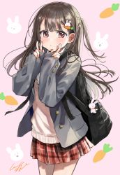 Rule 34 | 1girl, :&lt;, absurdres, backpack, bag, black hair, blazer, blush, closed mouth, commentary request, double w, food-themed hair ornament, grey jacket, hair ornament, hands up, highres, jacket, long hair, long sleeves, looking at viewer, nail polish, one side up, open clothes, open jacket, orange nails, original, pink background, plaid, plaid skirt, pleated skirt, pomu (joynet), rabbit hair ornament, red eyes, red skirt, school uniform, shirt, signature, skirt, sleeves past wrists, solo, standing, sweater vest, v-shaped eyebrows, very long hair, vest, w, white shirt