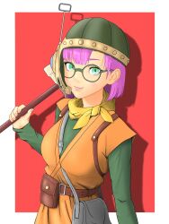 Rule 34 | 1girl, bag, belt, blue eyes, breasts, chrono trigger, closed mouth, falco luna, glasses, helmet, highres, looking at viewer, lucca ashtear, medium breasts, nail polish, scarf, short hair, shoulder bag, smile, solo, weapon