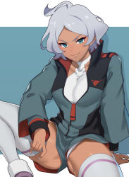 Rule 34 | 1girl, ass, asticassia school uniform, blue eyes, breasts, dark-skinned female, dark skin, green jacket, green shorts, grey hair, gundam, gundam suisei no majo, halterneck, head tilt, highres, jacket, legs apart, leotard, leotard under clothes, looking at viewer, medium breasts, miga (migao), open clothes, open jacket, open mouth, secelia dote, shiny skin, short hair, shorts, simple background, sitting, smile, solo, thick thighs, thighhighs, thighs, white thighhighs, wide hips