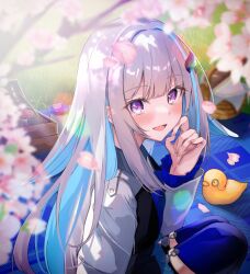 Rule 34 | 1girl, bird, blue carpet, blue hair, blue thighhighs, blunt bangs, blurry, blush, branch, cherry blossoms, collared shirt, commentary, depth of field, duck, duckling, falling petals, fingernails, food, frilled skirt, frilled sleeves, frills, hair flaps, hair intakes, hand on own cheek, hand on own face, highres, lize helesta, lize helesta (1st costume), long hair, long sleeves, looking at viewer, mika uni, monocle, multicolored hair, nijisanji, petals, picnic basket, purple eyes, sandwich, sebastian piyodore, shirt, skirt, smile, soy sauce bottle, thigh strap, thighhighs, virtual youtuber, white hair