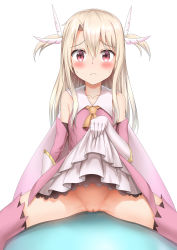 Rule 34 | 1girl, absurdres, bare shoulders, black thighhighs, blonde hair, blush, cleft of venus, clitoris, closed mouth, clothes lift, collarbone, embarrassed, fate/kaleid liner prisma illya, fate (series), feather hair ornament, female focus, gloves, hair between eyes, hair ornament, highres, illyasviel von einzbern, lifting own clothes, long hair, looking at viewer, nedia (nedia region), nervous smile, no panties, pink thighhighs, pussy, simple background, sitting, skirt, skirt hold, skirt lift, smile, solo, spread legs, thighhighs, two side up, uncensored, wavy mouth, white background, white gloves
