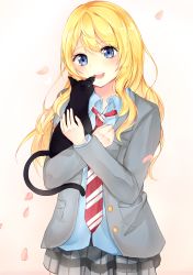 Rule 34 | 10s, 1girl, absurdres, animal, bad id, bad pixiv id, black cat, blonde hair, blue eyes, cat, highres, holding, holding animal, jacket, long sleeves, looking at another, miyazono kawori, necktie, open mouth, oretsuu, petals, pleated skirt, school uniform, shigatsu wa kimi no uso, simple background, skirt, smile, solo, wavy hair