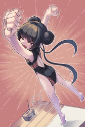 Rule 34 | 1girl, absurdres, arms up, ass, bare shoulders, black dress, black hair, blue archive, china dress, chinese clothes, double bun, dragon print, dress, from behind, full body, grey eyes, hair bun, highres, kisaki (blue archive), long hair, looking back, open mouth, print dress, radio, sleeveless, sleeveless dress, solo, standing, standing on one leg, stretching, sweatdrop, trembling, twintails, yogert chip