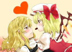 Rule 34 | 2girls, blonde hair, blush, bow, chocolate, female focus, flandre scarlet, food in mouth, hat, hat bow, heart, kirisame marisa, mogmogura, mouth hold, multiple girls, no headwear, no headwear, short hair, touhou, valentine, wings, yuri