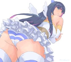 Rule 34 | 10s, 1girl, ass, bare shoulders, blue eyes, blue hair, colored inner hair, detached sleeves, long hair, matching hair/eyes, minakami (flyingman555), multicolored hair, panties, panty &amp; stocking with garterbelt, purple hair, simple background, smile, solo, stocking (psg), striped clothes, striped panties, striped thighhighs, thighhighs, underwear, white background, wings