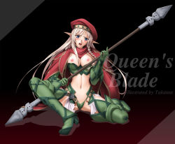 Rule 34 | 00s, 1girl, alleyne (queen&#039;s blade), alleyne (queen's blade), beret, blonde hair, blue eyes, blush, boots, braid, breasts, cape, elbow gloves, elf, fighting master alleyne, gloves, green footwear, hat, large breasts, leaf print, long hair, midriff, open mouth, panties, pointy ears, polearm, print panties, queen&#039;s blade, side braid, solo, staff, surprised, takatan, thigh boots, thighhighs, torn clothes, underwear, weapon