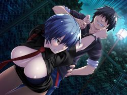 Rule 34 | 1boy, 1girl, angry, areola slip, arm grab, arms up, belt, bent over, black hair, blue hair, bra, breasts, brown eyes, cleavage, clenched teeth, clothed sex, cuffs, game cg, hand on own hip, handcuffs, hanging breasts, hetero, highres, huge breasts, jiyu2, legs, looking back, mazo x love, necktie, night, open clothes, outdoors, pantyhose, rape, sex, shirotsugu yuuto, short hair, skirt, sky, smile, teeth, thighs, tree, underwear, uniform