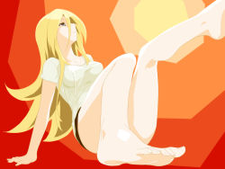 Rule 34 | 1girl, barefoot, blonde hair, blue eyes, feet, highres, legs, lily (vocaloid), long hair, looking away, oumi sanaka, profile, solo, vocaloid