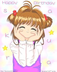 Rule 34 | 1990s (style), 1girl, blouse, cardcaptor sakura, character name, closed eyes, dress, english text, hair bobbles, hair intakes, hair ornament, hands on own cheeks, hands on own face, happy birthday, isoyama soft (tm), jaggy lines, kinomoto sakura, pinafore dress, pink background, retro artstyle, second-party source, shirt, signature, sleeveless dress, solo, two side up, upper body, watermark, web address, white background, white shirt, yellow background