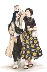 Rule 34 | 2girls, black hair, brown hair, coat, floral print, full body, glasses, highres, holding hands, jewelry, long coat, long hair, long skirt, looking at another, m k, multiple girls, necklace, original, short hair, simple background, skirt, symbol-only commentary, very short hair, walking, yuri