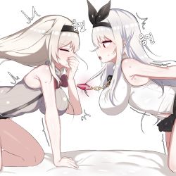 Rule 34 | 2girls, arm support, armpit crease, arms behind back, bare arms, bare shoulders, bent over, black skirt, bow, bowtie, breasts, center opening, closed eyes, commission, covering own mouth, from side, grabbing another&#039;s hair, grey shirt, hair pulled back, hair ribbon, hairband, highres, implied sex, impossible clothes, impossible shirt, jageungansik, jewelry, kneeling, large breasts, long hair, looking at another, miniskirt, motion lines, multiple girls, necklace, open mouth, original, profile, red eyes, ribbon, shirt, sidelocks, skirt, sleeveless, sleeveless shirt, stomach, suspenders, sweat, thighs, white hair, white shirt