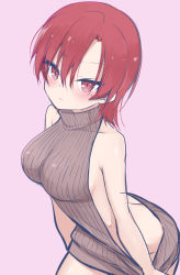 Rule 34 | 1girl, ass, backless dress, backless outfit, bare arms, bare shoulders, bazett fraga mcremitz, blush, breasts, butt crack, dress, fate/hollow ataraxia, fate (series), hair between eyes, highres, kamu (geeenius), large breasts, looking at viewer, meme attire, mole, mole under eye, naked sweater, pink background, red hair, short hair, sideboob, simple background, solo, sweater, sweater dress, turtleneck, turtleneck sweater, virgin killer sweater