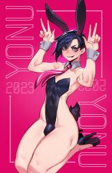 Rule 34 | 1boy, 2023, :p, absurdres, animal ears, bare arms, bare legs, black footwear, black hair, black leotard, borrowed character, bulge, character name, commentary, crossdressing, detached collar, double w, english commentary, fake animal ears, hands up, high heels, highres, leotard, less, looking at viewer, male focus, male playboy bunny, necktie, original, pink background, pink necktie, purple eyes, rabbit ears, rabbit tail, seiza, shoes, short hair, sideless outfit, simple background, sitting, smile, solo, swept bangs, tail, thighs, toned, toned male, tongue, tongue out, trap, w, wrist cuffs, yonu (qtori)