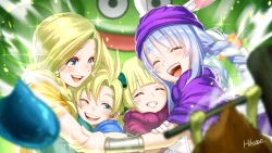 Rule 34 | 1boy, 3girls, animal ears, artist name, bianca (dq5), blonde hair, blue cape, blue eyes, blue hair, blunt bangs, blurry, blurry foreground, blush, bow, bracelet, braid, cape, carrot hair ornament, cloak, closed eyes, commentary request, cosplay, dragon quest, dragon quest v, dress, earrings, family, father and daughter, father and son, food-themed hair ornament, gloves, green bow, green dress, hair bow, hair ornament, hammerhood (dragon quest), hand on another&#039;s arm, happy, happy tears, hat, heads together, hero&#039;s daughter (dq5), hero&#039;s son (dq5), hero (dq5), hero (dq5) (cosplay), hikosan, hololive, hug, jewelry, king cureslime, light particles, long hair, looking at another, mother and daughter, mother and son, multicolored hair, multiple girls, one eye closed, open mouth, orange cape, parted lips, pink cloak, purple cloak, purple hat, rabbit ears, short hair, single braid, slime (dragon quest), smile, sparkle, spiked hair, tears, teeth, turban, twin braids, two-tone hair, upper body, upper teeth only, usada pekora, virtual youtuber, white gloves, white hair