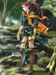 Rule 34 | 1boy, armor, armored boots, arrow (projectile), belt, boots, bow (weapon), cape, expressionless, fire emblem, fire emblem: radiant dawn, forest, green background, green eyes, highres, holding, looking away, looking to the side, male focus, nature, nintendo, ponytail, purple hair, shinon (fire emblem), solo, tamamon, tree, vest, weapon