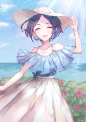 Rule 34 | 10s, 1girl, ^ ^, ^o^, absurdres, adjusting clothes, adjusting headwear, arm at side, arm up, bare shoulders, black hair, blue hair, blue shirt, blue sky, blurry, cliff, closed eyes, collarbone, cowboy shot, day, depth of field, field, flower, glint, grass, hat, hayami kanade, highres, horizon, idolmaster, idolmaster cinderella girls, jewelry, light rays, lips, mairo, necklace, ocean, off-shoulder shirt, off shoulder, parted bangs, pink flower, plant, shirt, short hair, skirt, sky, solo, sun hat, sunlight, water, white hat, white skirt