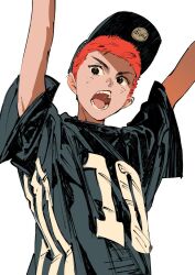 Rule 34 | 1boy, age regression, aged down, arms up, atie1225, baseball cap, black hat, black shirt, clothes writing, commentary, from below, hat, highres, looking at viewer, male focus, open mouth, oversized clothes, red hair, sakuragi hanamichi, shirt, short hair, short sleeves, simple background, slam dunk (series), solo, white background