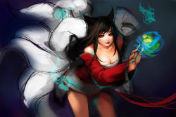 Rule 34 | 1girl, ahri (league of legends), animal ears, bare shoulders, black hair, breasts, cleavage, fox ears, fox tail, ippus, korean clothes, large breasts, league of legends, leaning forward, lips, long hair, looking at viewer, magic, multiple tails, solo, tail, whiskers, unfinished, yellow eyes