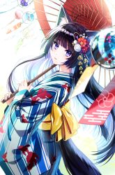Rule 34 | 1girl, animal ear fluff, animal ears, back bow, black hair, blue kimono, blunt bangs, bow, commentary, cowboy shot, flower, fox ears, fox girl, fox tail, from side, hair flower, hair ornament, highres, holding, holding umbrella, japanese clothes, kimono, kiwi (pixiv6429539), long hair, long sleeves, looking at viewer, looking to the side, obi, oil-paper umbrella, original, parted lips, purple eyes, red flower, sash, simple background, smile, solo, straight hair, striped clothes, striped kimono, tail, umbrella, very long hair, white background, wide sleeves, wind chime, yellow bow