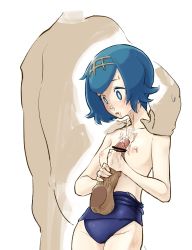 Rule 34 | 1boy, 1girl, blue eyes, blue hair, blush, breasts, censored, clothes pull, creatures (company), cum, facial, game freak, handjob, hands on another&#039;s shoulders, hetero, highres, lana (pokemon), naizuri, nintendo, nipples, nose blush, one-piece swimsuit pull, open mouth, paizuri, penis, pointless censoring, pokemon, pokemon sm, school swimsuit, short hair, small breasts, solo focus, swimsuit, transparent, uto saori