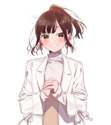 Rule 34 | 1girl, blush, brown eyes, brown hair, commentary, earrings, floating hair, hashtag-only commentary, highres, hirayama kanna, jacket, jewelry, long sleeves, looking at viewer, open clothes, open jacket, own hands clasped, own hands together, ponytail, real life, short hair, sidelocks, simple background, smile, solo, takahashi rie, voice actor connection, white background, white jacket