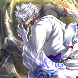 Rule 34 | 00s, 1boy, 2007, bandages, battle, blood, boots, dated, epic, gintama, japanese clothes, male focus, manly, mosaic background, off shoulder, ranji, red eyes, robe, sakata gintoki, short hair, solo, sword, weapon, white hair