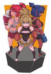 Rule 34 | 3girls, amazu (kurozu), aoi (amazu), bare shoulders, black leotard, black socks, blonde hair, blue eyes, blue hair, blue shorts, boxing gloves, breasts, brown shorts, cleavage, cleavage cutout, closed mouth, clothing cutout, commentary request, commission, crop top, dark-skinned female, dark skin, eyebrows hidden by hair, feet out of frame, from behind, hair between eyes, hair bun, high ponytail, highres, kneehighs, leotard, leotard under clothes, looking at viewer, looking back, mari (amazu), medium breasts, multiple girls, no shoes, original, ponytail, red eyes, red hair, red shorts, short eyebrows, short shorts, shorts, socks, standing, stirrup legwear, thick eyebrows, toeless legwear, two-tone background, white background, yellow background