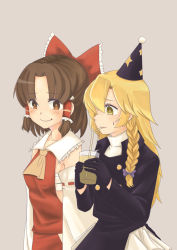 Rule 34 | 2girls, :q, absurdres, benikurage (cookie), big mouse, black gloves, black jacket, blonde hair, blush, bow, braid, breasts, brown eyes, brown hair, closed mouth, commentary request, cookie (touhou), cowboy shot, cup, detached sleeves, drinking straw, frilled bow, frilled hair tubes, frills, gloves, grey background, hair between eyes, hair bow, hair tubes, hakurei reimu, hat, highres, holding, holding cup, jacket, kirisame marisa, long hair, long sleeves, looking at another, medium hair, multiple girls, parted bangs, party hat, purple bow, red bow, red shirt, rei (cookie), ribbon-trimmed sleeves, ribbon trim, sarashi, shirt, side braid, simple background, single braid, sleeveless, sleeveless shirt, small breasts, smile, tongue, tongue out, touhou, white shirt, white sleeves, yellow eyes