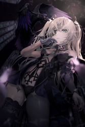 Rule 34 | 1girl, absurdres, bare shoulders, bird, black gloves, black nails, black ribbon, blonde hair, blush, bow, breasts, commentary request, crow, dress, eyepatch, fischl (genshin impact), from below, garter straps, genshin impact, gloves, green eyes, hair over one eye, hair ribbon, hand up, highres, long hair, looking at viewer, maronmokaet, nail polish, open mouth, parted lips, ribbon, single glove, single thighhigh, small breasts, smile, solo, thighhighs, two side up