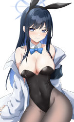 Rule 34 | 1girl, black hair, black leotard, blue archive, blue bow, blue bowtie, blue eyes, blue hair, bow, bowtie, breasts, clenched teeth, colored inner hair, detached collar, halo, highleg, highleg leotard, highres, jacket, large breasts, leotard, long hair, looking at viewer, multicolored hair, pantyhose, playboy bunny, saori (blue archive), simple background, solo, strapless, strapless leotard, teeth, tennen inari, two-tone hair, white background, white jacket