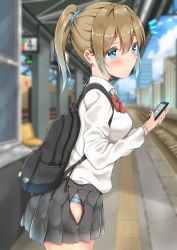 Rule 34 | 1girl, backpack, bag, black bag, blue panties, blue scrunchie, blurry, blurry background, blush, bow, bowtie, brown hair, cellphone, city, commentary request, from side, gradient hair, grey skirt, hair between eyes, hair ornament, hair scrunchie, highres, holding, holding phone, long sleeves, looking at viewer, multicolored hair, open clothes, open skirt, original, outdoors, panties, phone, pleated skirt, ponytail, red bow, red bowtie, school uniform, scrunchie, shirt, skirt, solo, standing, sunsun2812, underwear, uniform, white shirt