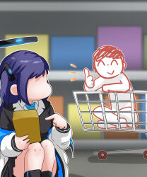 Rule 34 | 1boy, 1girl, doodle sensei (blue archive), blazer, blue archive, blurry, c/h, coat, commentary, depth of field, halo, highres, holding, in shopping cart, indian style, jacket, long hair, long sleeves, looking at another, mixed-language commentary, open clothes, open coat, package, parted bangs, pleated skirt, pointing, purple hair, riding, school uniform, sensei (blue archive), shelf, sidelocks, sitting, skirt, squatting, supermarket, thumbs up, two side up, yuuka (blue archive)