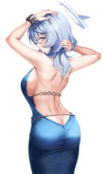 Rule 34 | 1girl, absurdres, ako (blue archive), ako (dress) (blue archive), arms up, ass, back, backless dress, backless outfit, bare arms, bare shoulders, blue archive, blue dress, blue eyes, blue hair, blue halo, blush, bnari, bracelet, breasts, butt crack, check commentary, commentary request, dress, from behind, halo, highres, jewelry, large breasts, looking at viewer, looking back, medium hair, official alternate costume, parted lips, purple nails, simple background, solo, white background