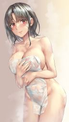 Rule 34 | 1girl, black hair, blush, breasts, cleavage, collarbone, commission, covering privates, highres, kantai collection, kokuzou, large breasts, looking at viewer, naked towel, nude, nude cover, red eyes, short hair, skeb commission, smile, solo, steam, takao (kancolle), towel, wet, wet hair, wet towel