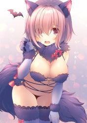Rule 34 | animal ears, anju (mocomocousagi), bat (animal), bent over, blush, breasts, claw pose, cleavage, detached collar, eyes visible through hair, fate/grand order, fate (series), foreshortening, gradient background, hair over one eye, lace, lace-trimmed legwear, lace trim, large breasts, looking at viewer, mash kyrielight, mash kyrielight (dangerous beast), official alternate costume, pink hair, purple background, purple eyes, purple thighhighs, revealing clothes, short hair, solo, sparkle, standing, stomach, thighhighs, wolf ears