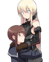 Rule 34 | 10s, 2girls, bad id, bad twitter id, bare shoulders, bismarck (kancolle), blonde hair, blue dress, blue eyes, blunt bangs, brown eyes, brown gloves, brown hair, detached sleeves, dress, fujibejifu, gloves, hands on another&#039;s shoulders, hug, kantai collection, long hair, military, military uniform, multiple girls, no headwear, sailor collar, sailor dress, simple background, tears, uniform, white background, white gloves, z3 max schultz (kancolle)