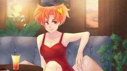 Rule 34 | 1girl, 2ch.ru, armpits, cafe, cake, couch, cup, dress, drinking glass, dvach-tan, everlasting summer, food, game, highres, indoors, looking at viewer, melloncollie-chan, novel, orange eyes, orange hair, plant, restaurant, short hair, sitting, smile, solo, table, twintails, video game, visual novel