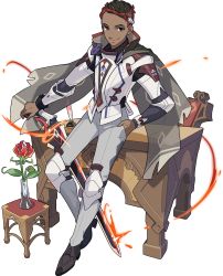 Rule 34 | 1boy, armor, artist request, black eyes, black footwear, black shirt, breastplate, brown hair, cape, chair, closed mouth, cornrows, dark-skinned male, dark skin, desk, elbow pads, fire, flaming sword, flaming weapon, flower, forehead, full body, grey cape, grey pants, gunblade, hand in pocket, happy, heel up, highres, holding, holding sword, holding weapon, inkwell, knee pads, knight, leaning on object, long sleeves, looking at viewer, male focus, multicolored hair, non-web source, official art, outstretched arm, pants, quare (world flipper), quill, red flower, red hair, see-through, shirt, shoes, short hair, shoulder armor, smile, solo, standing, stool, sword, transparent background, two-tone hair, vase, very short hair, weapon, world flipper