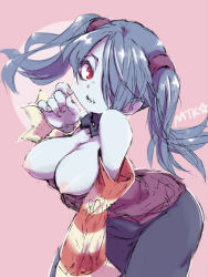 Rule 34 | 1girl, blue hair, blue skin, blush, breasts, breasts out, colored skin, detached sleeves, dress, hair over one eye, looking at viewer, mtk hoshi, nipples, parted lips, pink background, red eyes, skullgirls, solo, squigly (skullgirls), striped sleeves, twintails, zombie
