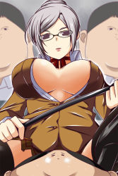 Rule 34 | 10s, 1girl, 3boys, andou reiji, baton, black hair, black thighhighs, bow, breasts, glasses, gradient background, hair bow, heavy breathing, highres, large breasts, multiple boys, nishi koutarou, no bra, open clothes, open mouth, open shirt, prison school, shiraki meiko, shirt, silver hair, skirt, thighhighs
